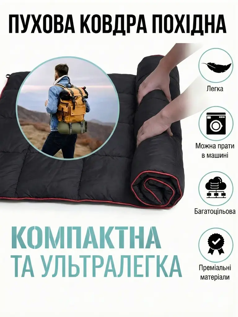 Пухова ковдра похідна 200 х 140см, в чохлі, Водонепроникна ковдра для кемпінгу, Ковдра туристична, Чорна (1810246929) - фото 2