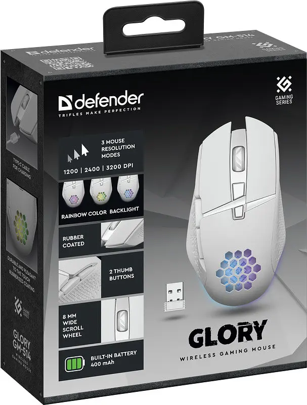 Мишка Defender Glory GM-514, ігрова, бездротова 3200dpi., 6кн., LED біла - фото 9