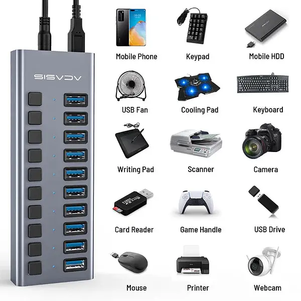 USB-хаб Acasis HS-710MG 10Gbps на 10 портів USB 3.1 з окремими перемикачами (Сірий) - фото 7