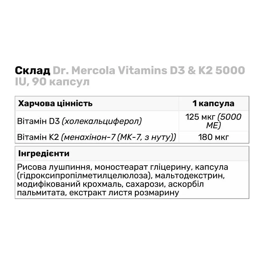 Вітаміни та мінерали Dr. Mercola Vitamins D3 & K2 5000 IU/180 mcg, 90 капсул - фото 3