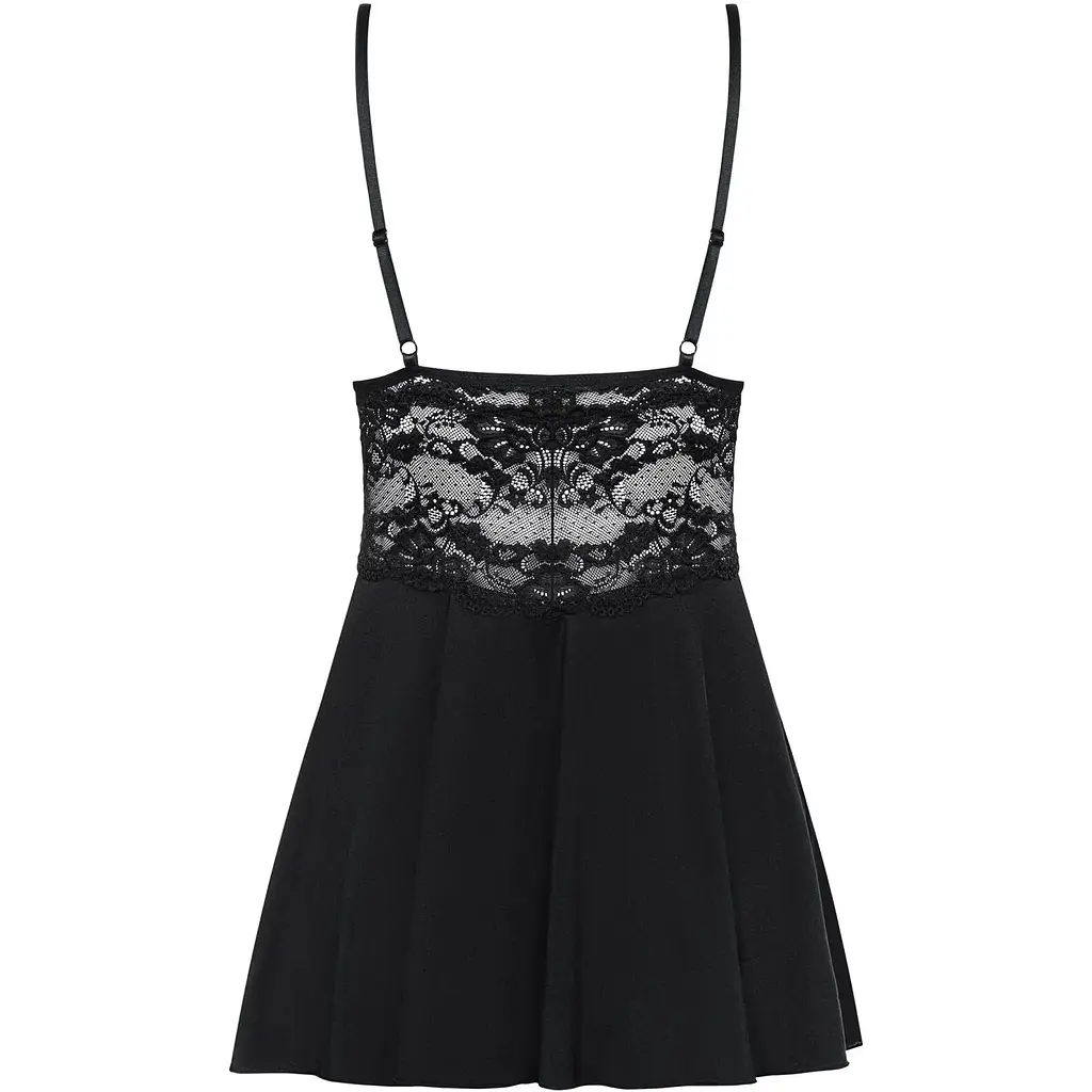 Сатиновий пеньюар із мереживом Obsessive 810-BAB-1 Babydoll & Thong S/M, чорний, пеньюар, танга - фото 2