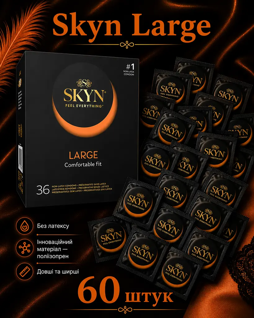 Презервативи Skyn Large безлатексні 60 шт — збільшений розмір, поліізопрен, комфорт та природні відчуття