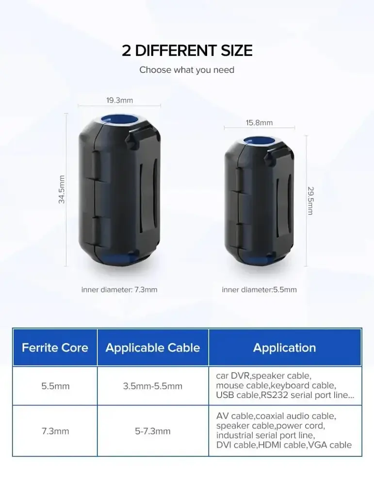 Ферритовий фільтр на кабель кільце знімне Ugreen подавлювач шуму із затискачем 7.3mm 1 шт Black (20306/ZJ301) - фото 6