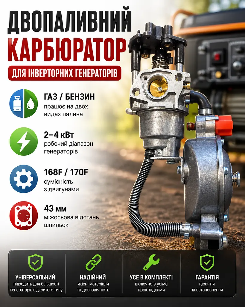 Карбюратор газовий редуктор для інверторного генератора відкритого типу 3-4 квт газ / бензин - фото 2