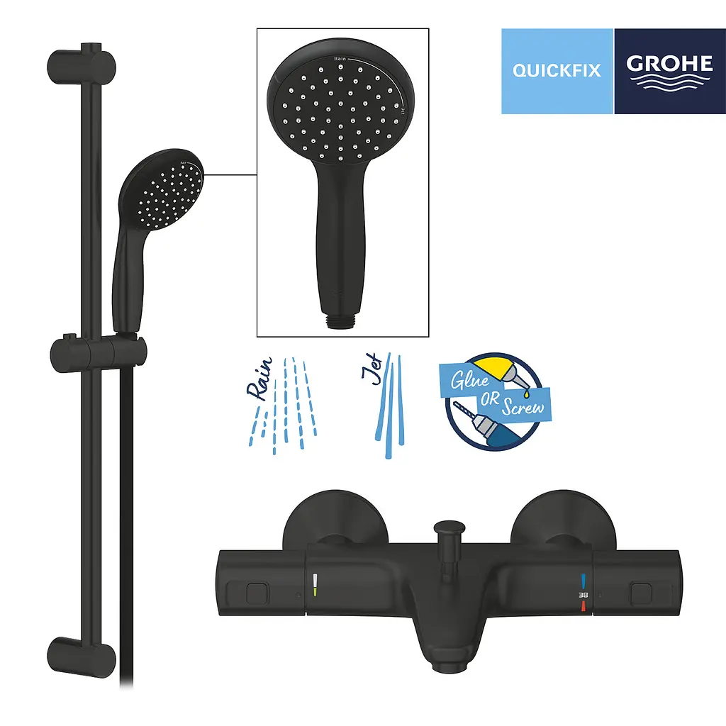 Термостат для ванни Grohe QuickFix Start Black + Душовий гарнітур Vitalio Start 100 UA303907T1, Чорний матовий - фото 8