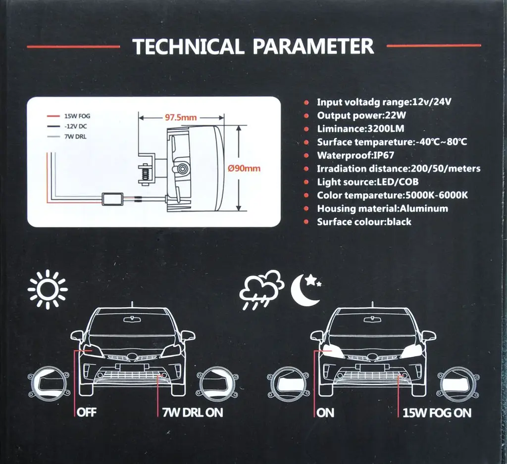 Протитуманні LED Фари круглі D90 мм / Лінза з ДХО / 12V / 22W / 6000K-COB / 2 шт. - фото 5