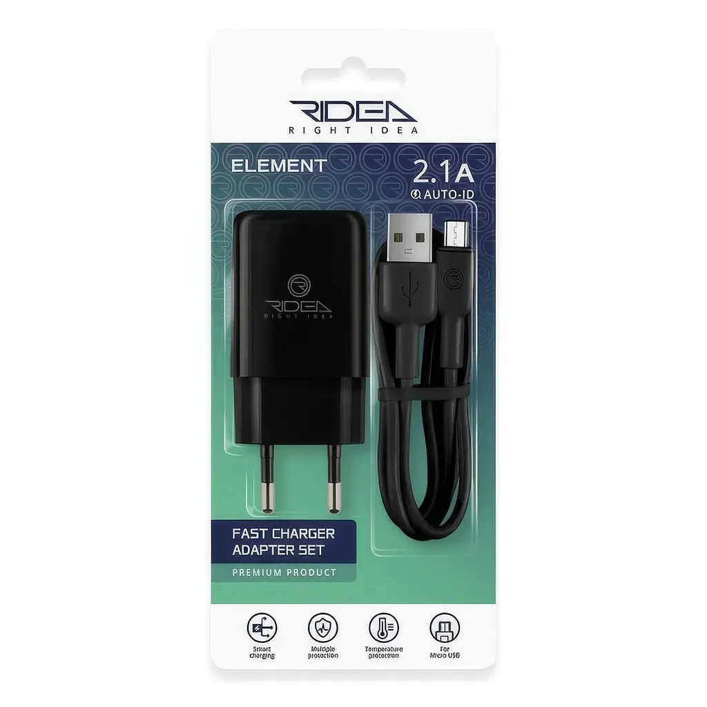 Зарядка для телефону з кабелем, телефонний адаптер чорний Ridea RW-11111 Element MicroUSB 2.1A, 15Вт - фото 5