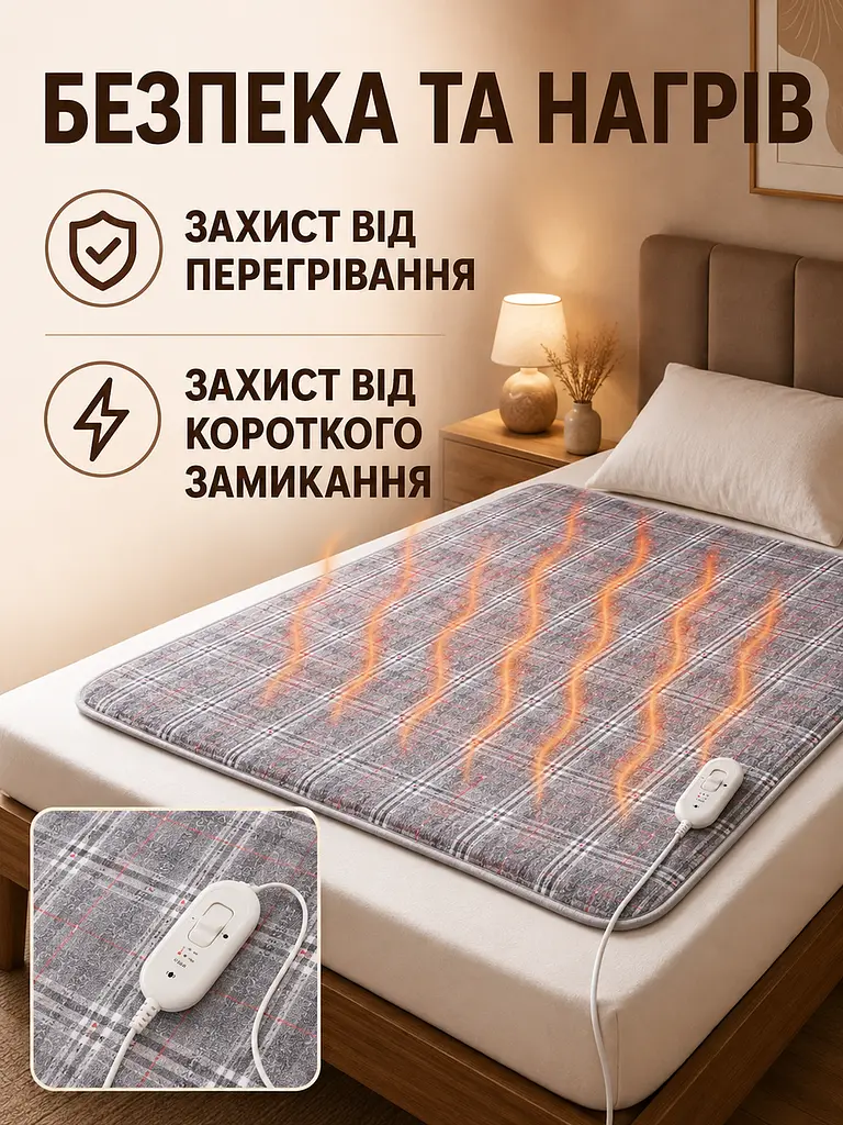 Електропростирадло 150×70 см з підігрівом, 2 режими температури, захист від перегріву, сіра (49676369) - фото 8