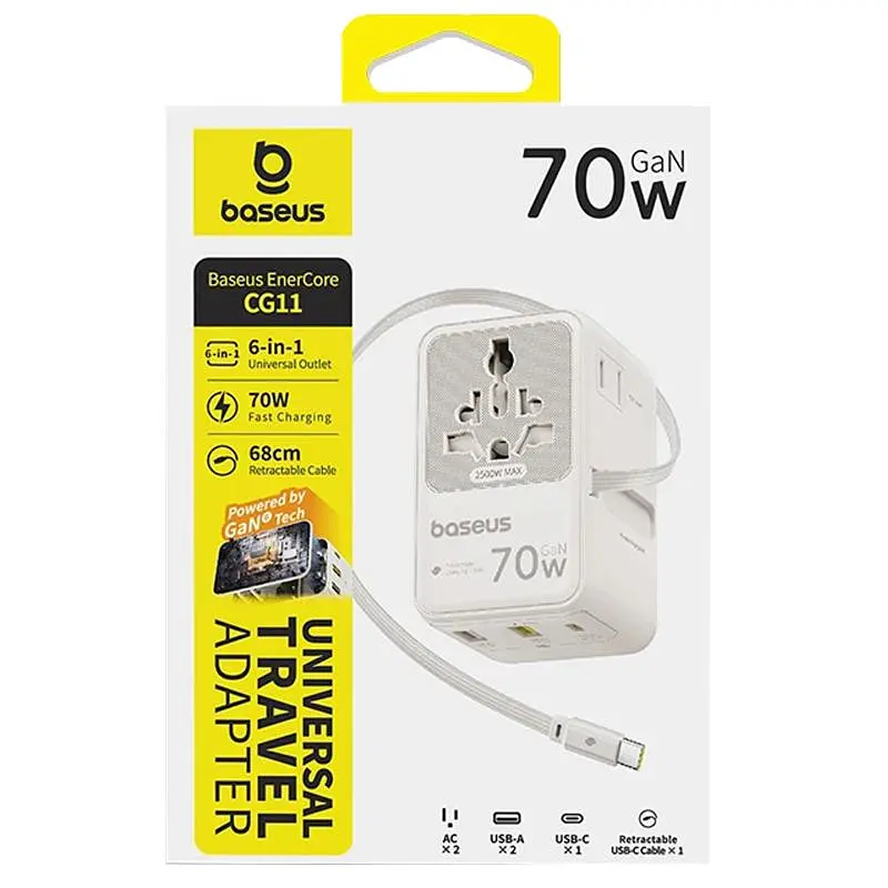 Мережевий універсальний перехідник CG11 70W with retractable cable (2USB-A/3C/1Socket) (E0307E) Baseus teh0029670 - фото 3