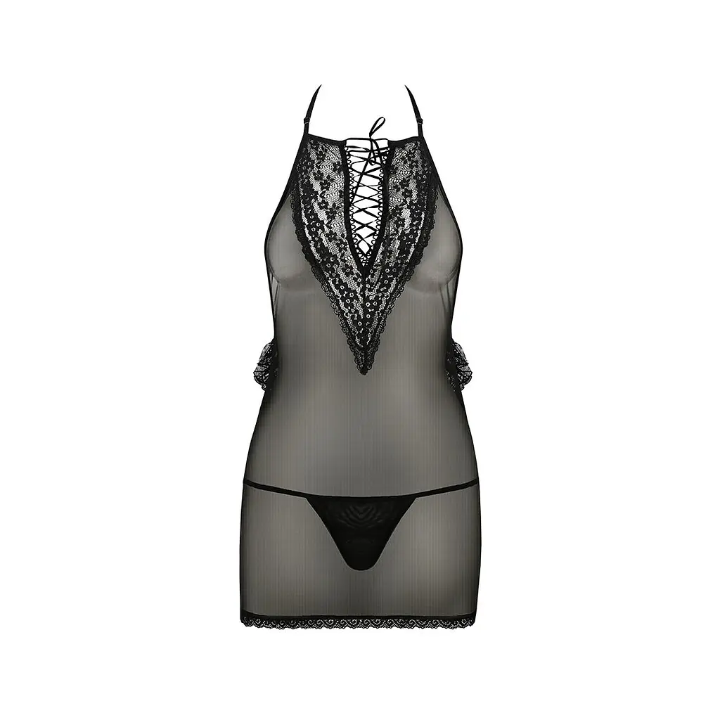 Сорочка прозора приталена Passion ERZA CHEMISE XXL/XXXL, black, трусики - фото 3