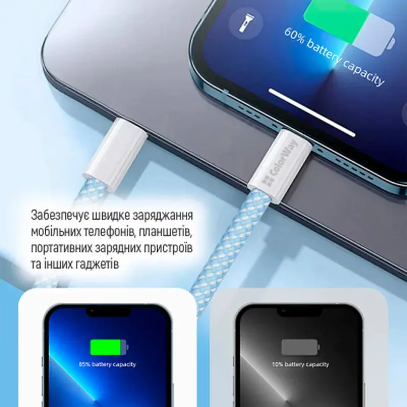 Дата кабель USB-C to Lightning 1.0m 27W blue ColorWay (CW-CBPDCL061-BL) - фото 12