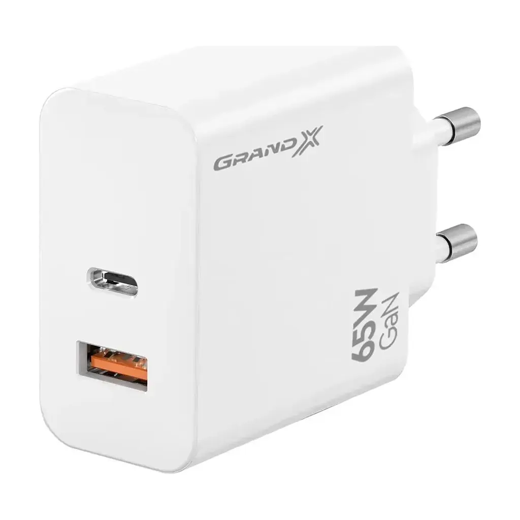 Зарядний пристрій Grand-X GaN 1xUSB-C + 1xUSB 65W PD3.0 QC4.0 AFC SCP FCP white (CH-960W)