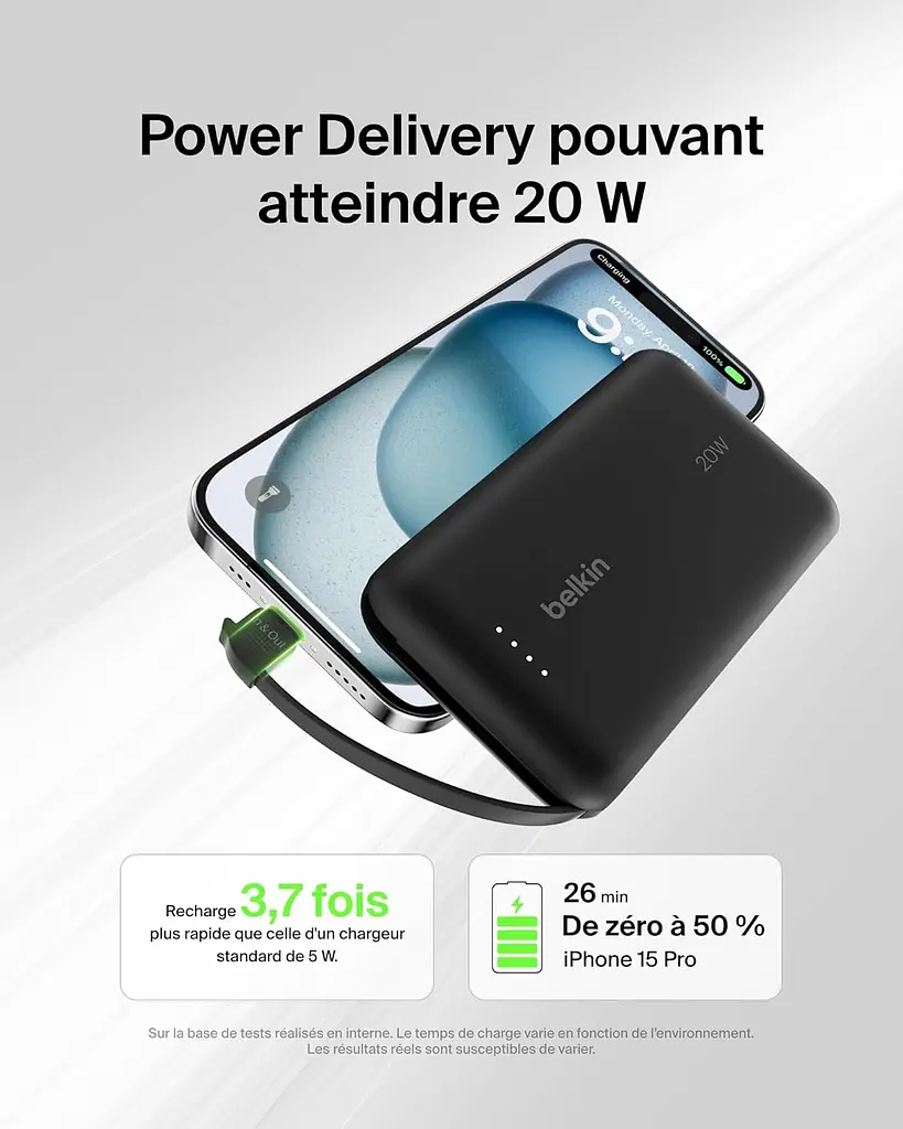 Belkin Акумулятор портативний літій-іонний Power Bank 10000мА·год, 20Вт, з інтегрованим кабелем USB-C, чорний - фото 2