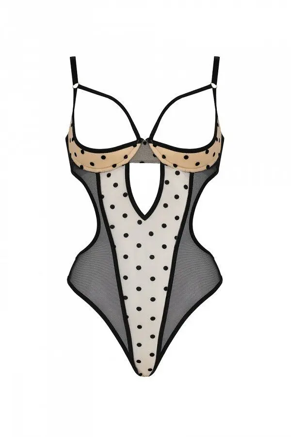 Еротичне боді Passion MARINA BODY, S/M, beige, з відкритими чашками - фото 3
