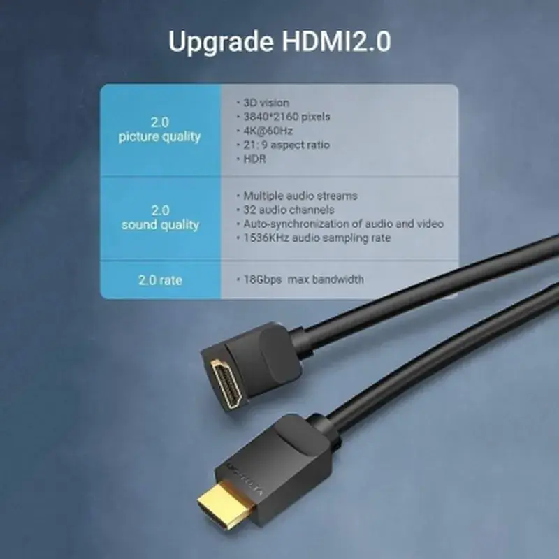 Кабель мультимедійний HDMI M to HDMI M 1.0m V2.0 4K60Hz 90° corner PVC black Vention (AARBF) - фото 5