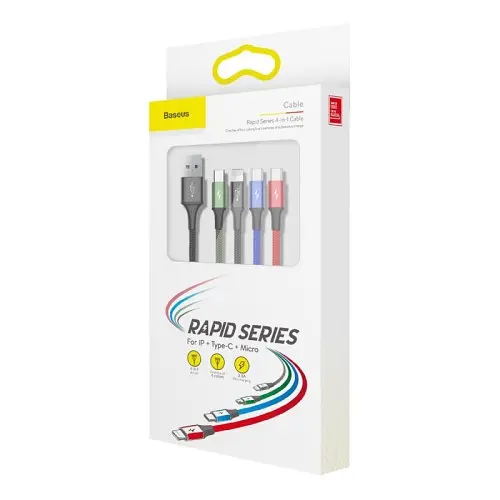 USB кабель Baseus Fast 4-in-1 Cable For lightning+Type-C(2)+Micro 3.5A 1.2M чорний CA1T4-B01 - фото 2
