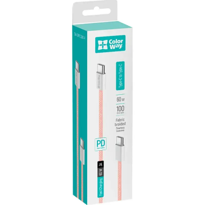 Дата кабель USB-C to USB-C 1.0m 60W 3.0А pink ColorWay (CW-CBPDCC061-P) - фото 6