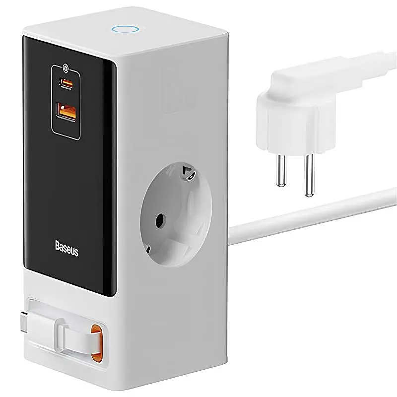 Подовжувач OS PowerCombo PD65W+QC3.0 (1USB-A/2C/2Socket) (1.5 m) (PSLR000) Glacier White Baseus teh0029517