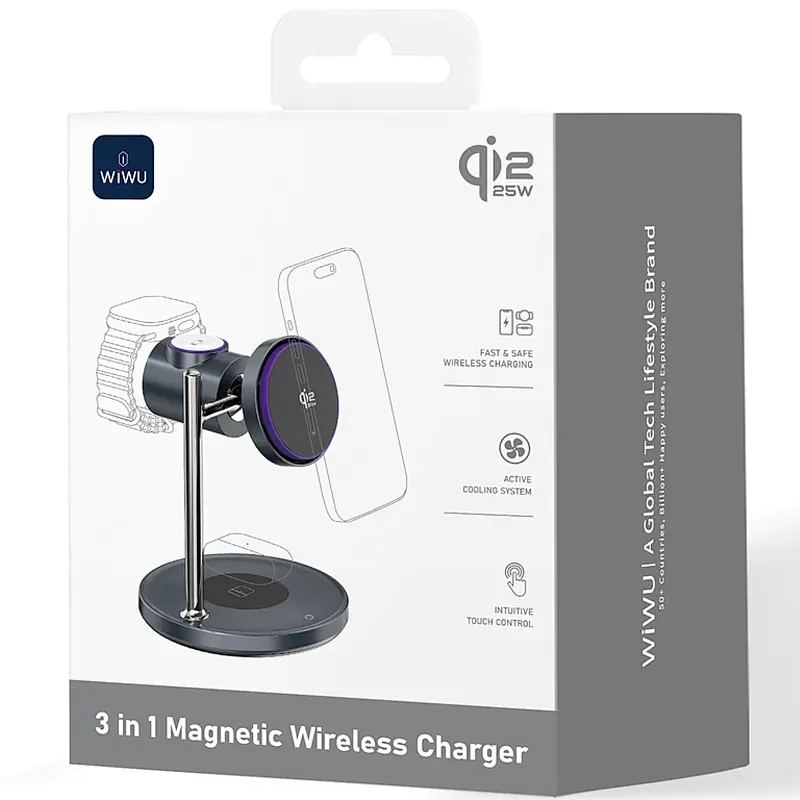 Бездротовий зарядний пристрій WIWU Wi-W041 Space Qi2 3 in 1 wireless charger Black - фото 4