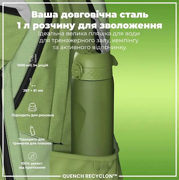 Бутылка для воды ION8 1000 мл (ЭКО бутылка) BPA Free, Khaki Green (I8RF1000KGRE) - фото 5