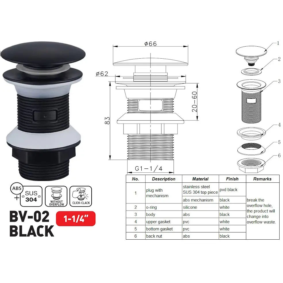Донний клапан для раковини Zerix BV-02 без переливу автоматичний Click-Clack 1 1/4″ black ZX6018 - фото 6