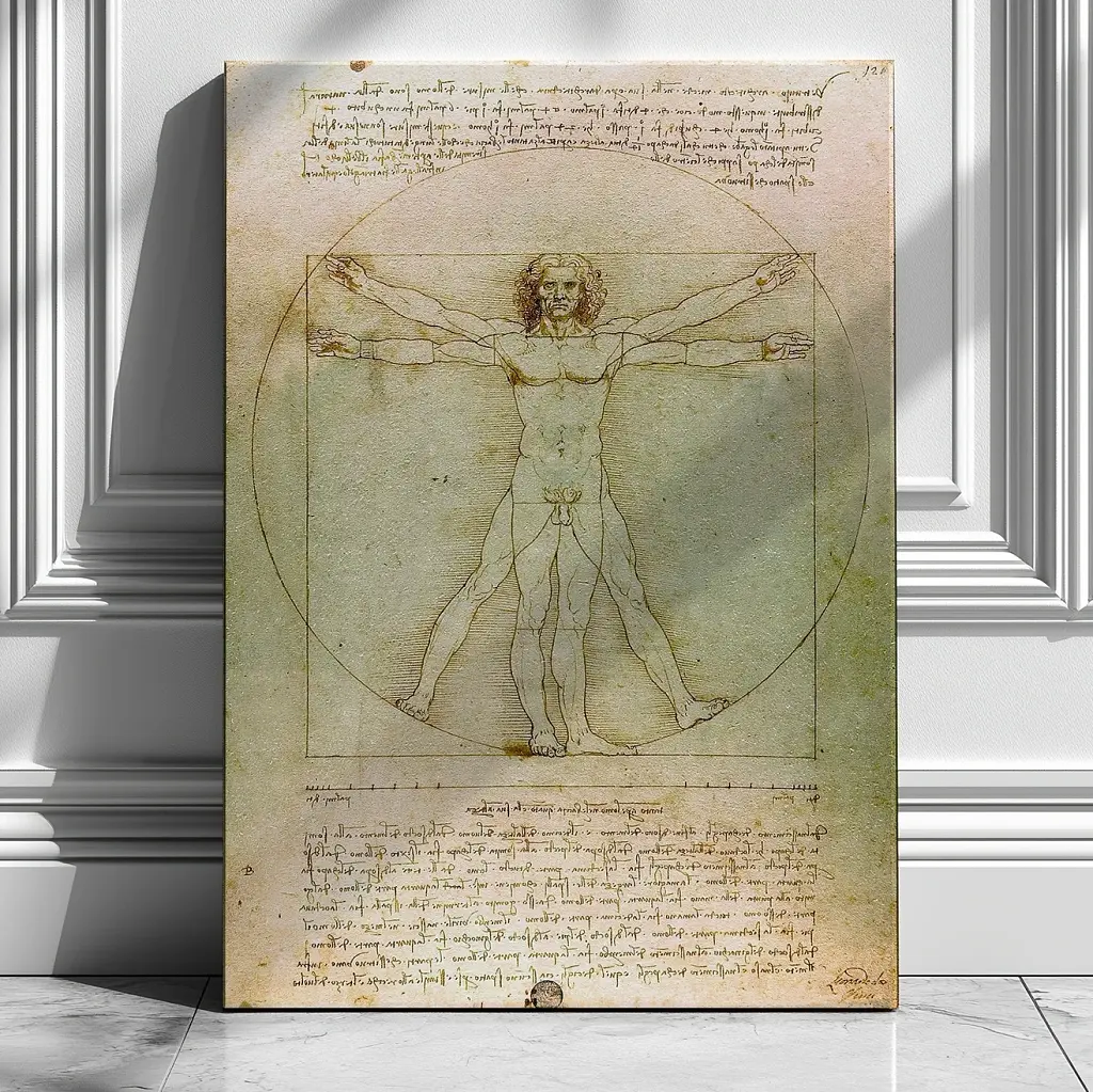 Інтер'єрна картина Вітрувіанська людина, Леонардо да Вінчі, Leonardo da Vinci, Vitruvian Man, інтер'єрний декор, 60×43 см (id6952)