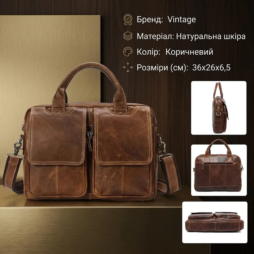 Сумка для ноутбука з натуральної шкіри 14867 Vintage коричнева - фото 2