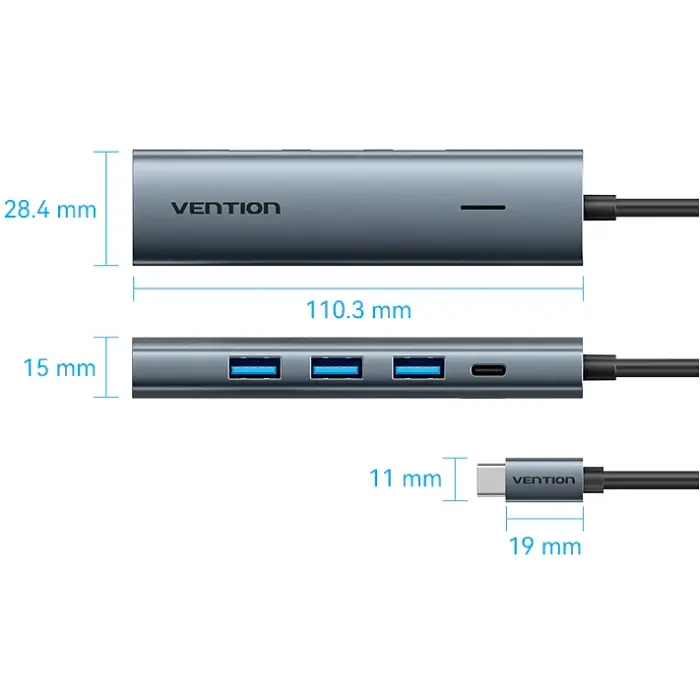Хаб USB 3.0 Type-C -> 4xUSB 3.0/1xUSB-C, 5Gbps, Black Vention - фото 2