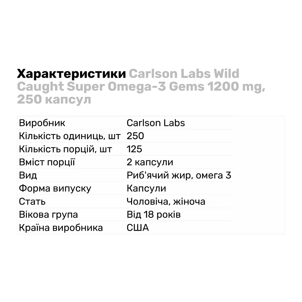 Жирні кислоти Carlson Labs Super Omega-3 Gems 1200 mg Wild Caught, 250 капсул - фото 2