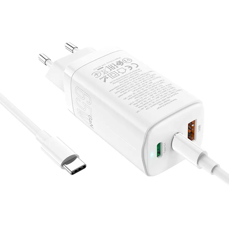 Мережевий зарядний пристрій Hoco 1USB + 2Type-C N16 65W White + Cable Type-C to Type-C - фото 2