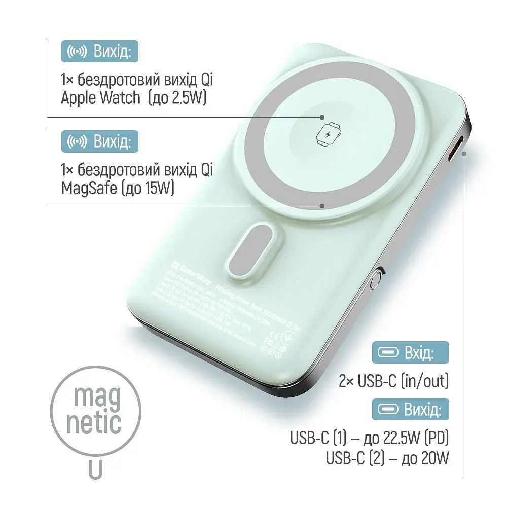 Універсальна мобільна батарея ColorWay 15W MagSafe & Watch Wireless 10000mAh Aquamarine (CW-PB100LPA2MT-WPDD) - фото 7