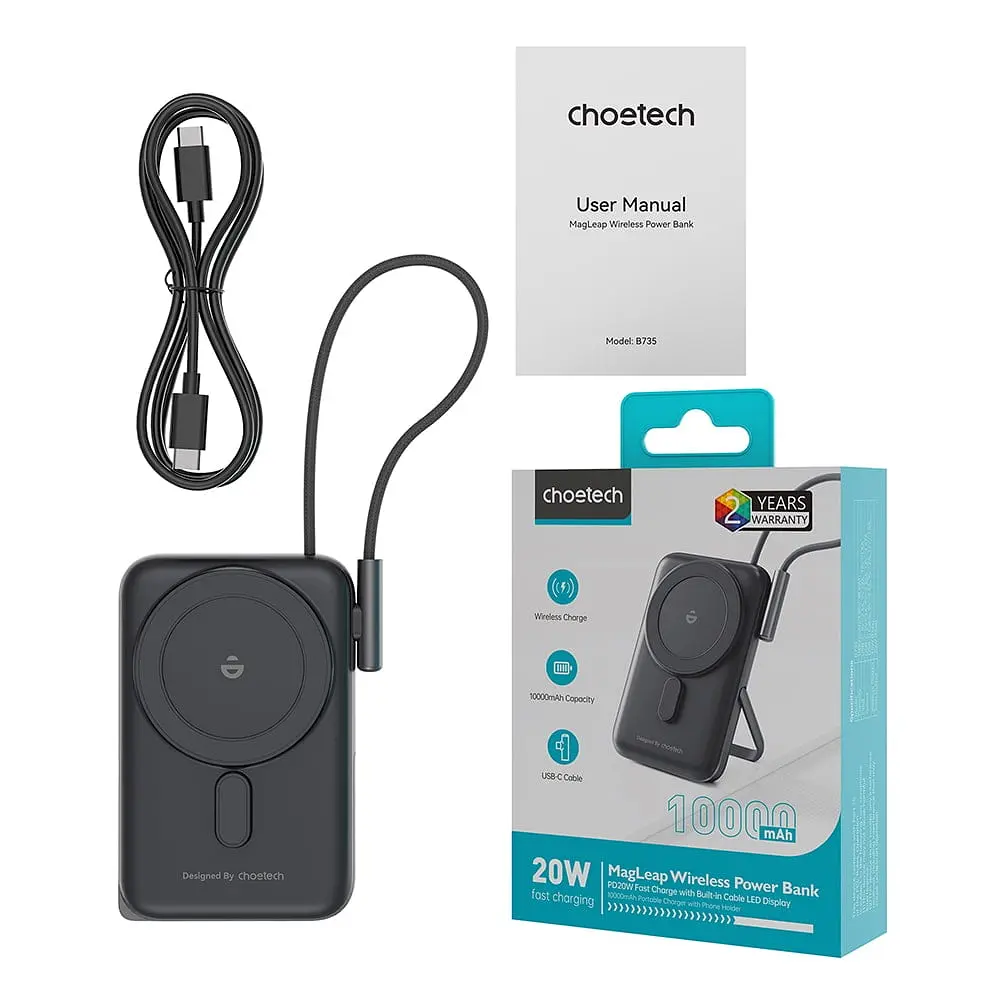 Повербанк 10000mAh Choetech B735 Black QC3.0 PD3.0 бездротова магнітна зарядка, вбудований кабель, підставка (43-00149) - фото 3