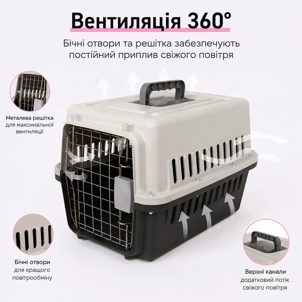 Переноска для котів і собак до 12 кг 48×32×30 - вентильована з комплектом (підвісна миска та пластикова підлога) KT8002001 - фото 6