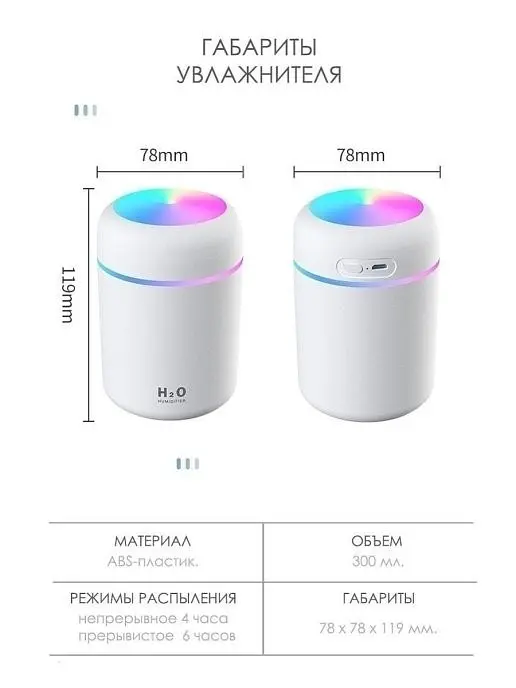 Портативний світлодіодний ультразвуковий зволожувач повітря Humidifier H2O 300 мл Сірий - фото 3