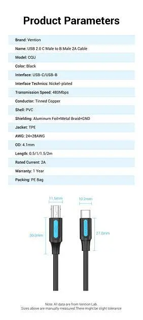 Кабель Vention 0.5м Type-C - USB Type-B 2.0 5V/2A 480 Мбит/с USB-C на USB-B для Принтера Черный (CQUBD) - фото 9