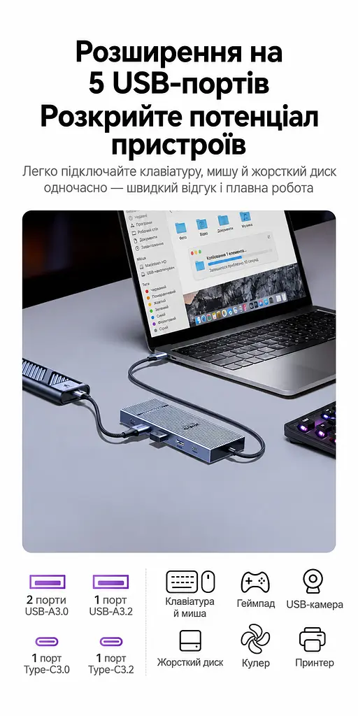 Док-станція USB-C UGREEN Revodok CM886 10 в 1 DisplayPort 1.4 4K 60 Гц у Windows також 2K 144 Гц та 1080p 240 Гц потрібен USB-C з DisplayPort Alt Mode RJ45 до 2,5 Гбіт/с для даних 1 USB-A та 1 USB-C 3.2 Gen2 до 10 Гбіт/с і 2 USB-A та 1 USB-C 3.0 до 5 Гбіт/с SD/microSD (TF) вхід USB-C PD 3.0 до 100 Вт без даних і відео одночасне читання двох карт дублювання/розширення Windows/macOS/Linux вбудований кабель в обплетенні приблизно 30 см космічний сірий (95614) - фото 6