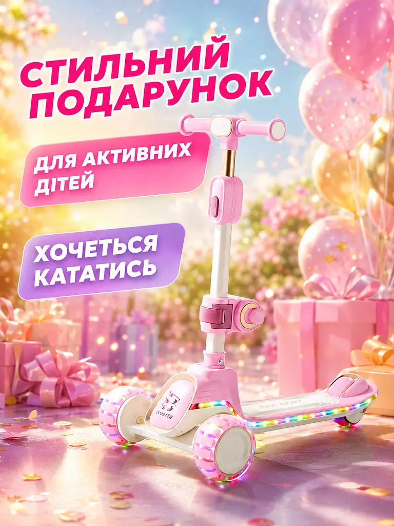 Дитячий самокат триколісний 2в1 рожевий із сидінням підсвічуванням коліс і музикою (49675957) - фото 9