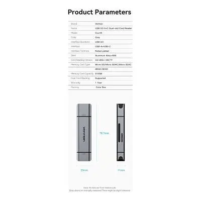 Зчитувач флеш-карт Vention USB 3.0 AM/USB-C to SD+TF Gray Dual Drive Letter Aluminum Alloy (CLLH0) - фото 4