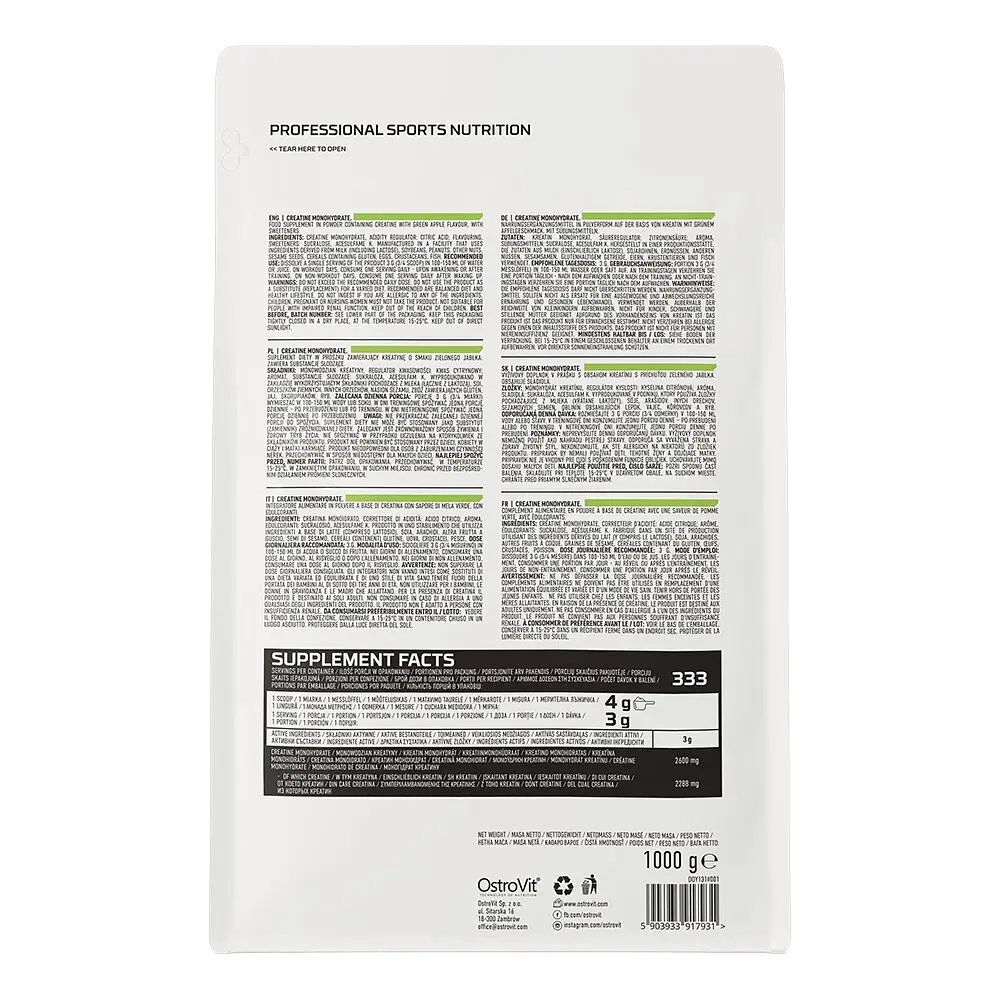 Креатин OstroVit Creatine Monohydrate, 1 кг - Зелене яблуко - фото 2