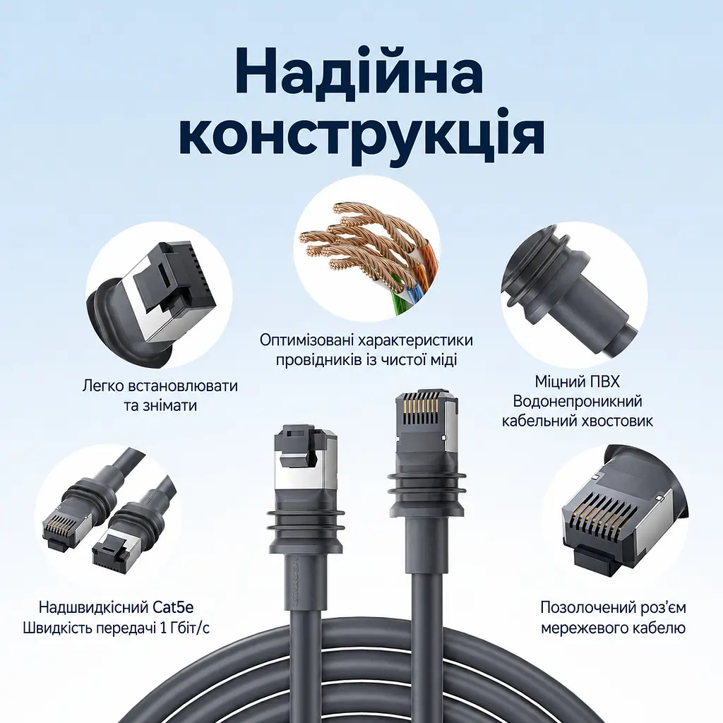 Мережевий кабель Ethernet Vention 20 м патч-корд для Starlink Standard Gen3 два штекери RJ45 8P8C із засувками Starlink Cat5e до 1000 Мбіт/с для прямого з’єднання антени з маршрутизатором із захистом IP67 із провідниками з безкисневої міді сірий (IACHQ) - фото 4