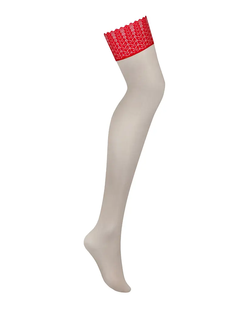 Панчохи Obsessive Ingridia stockings XS/S, бежеві з червоною резинкою - фото 3