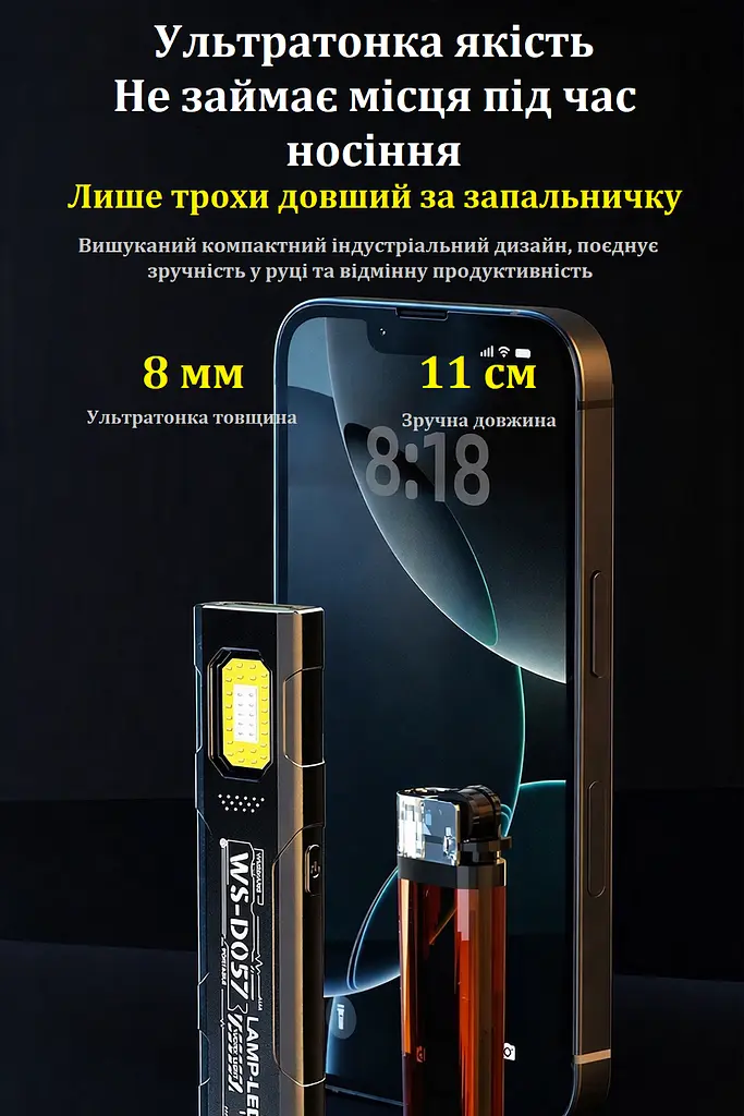 Міні-ліхтар WS-D057 COB 550 lm, ультратонкий 8 мм, Type-C, магніт/кліпса, 5 режимів, до 6 год - фото 10