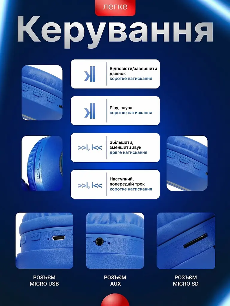 Навушники дитячі Bluetooth Stitch складні з мікрофоном, сині (6047418640) - фото 4