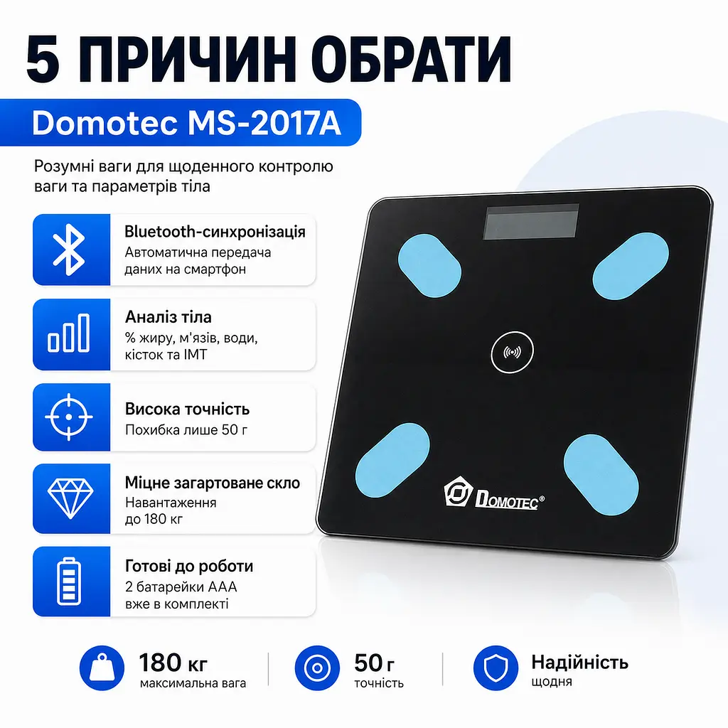 Підлогові скляні ваги DOMOTEC до 180 кг смарт-ваги з аналізом складу тіла, 12 показників, Bluetooth - фото 4