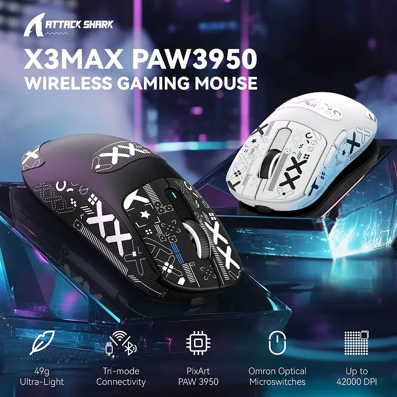 Ігрова бездротова мишка Attack Shark X3MAX / Три режими підключення / 42000DPI / Сенсор PAW3950 / Black - фото 3