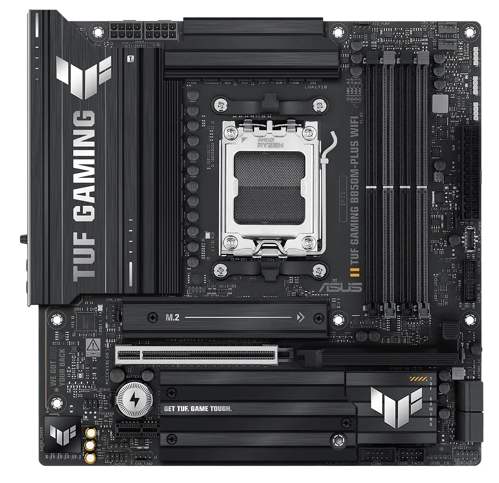 Материнская плата AM5 Asus TUF GAMING B850M-PLUS WIFI, B850, 4xDDR5, Int.Video (CPU), 4xSATA3, 3xM.2, 1xPCI-E 5.0 x16, 1xPCI-E 4.0 x1, ALC1220P, Realtek 2.5Gb, WiFi 6E, Bluetooth 5.3, 10xUSB 3.2 / 6xUSB 2.0, HDMI/DP, MicroATX - фото 2
