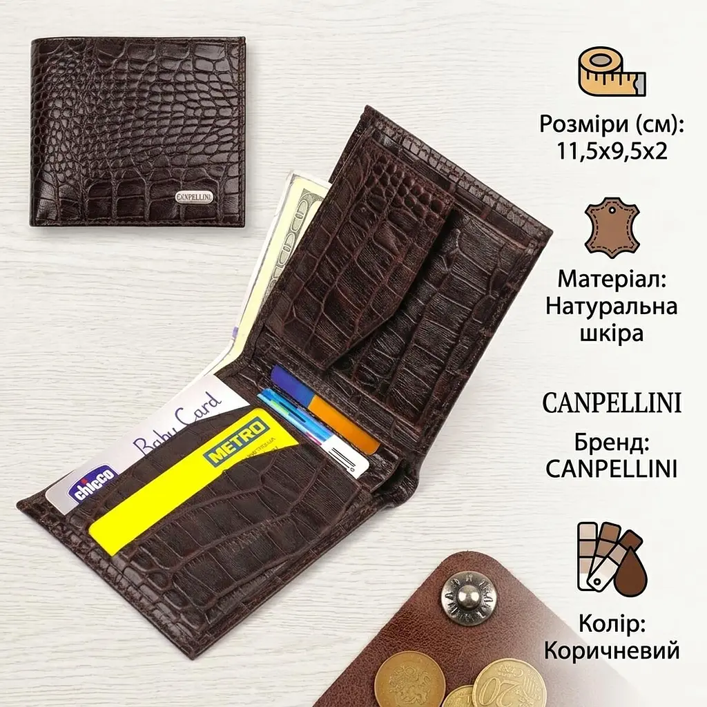 Стильне чоловіче портмоне з натуральної фактурної шкіри з тисненням під крокодила Canpellini 21777 коричневе - фото 3