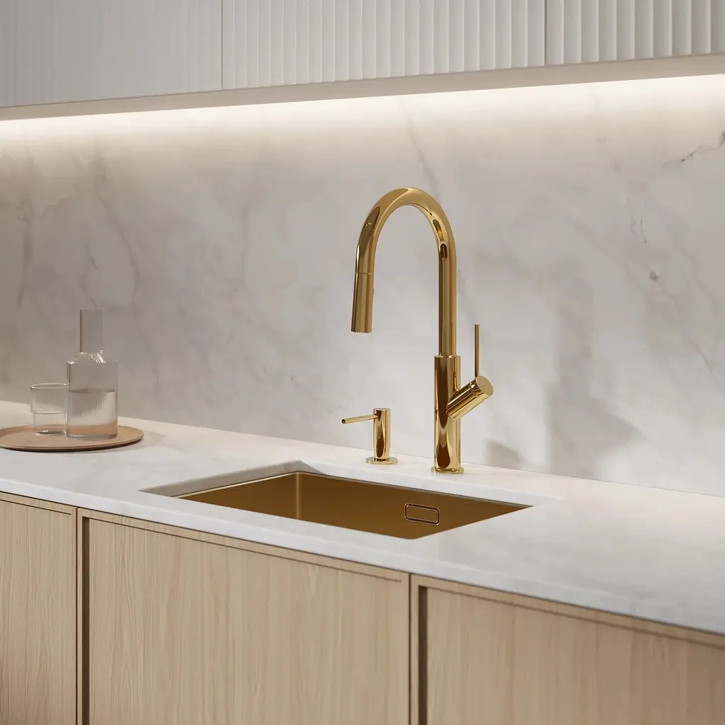Смеситель для кухни с вытяжным изливом Omnires Bend gold (BE6455GL) золотой – глянцевый - фото 2
