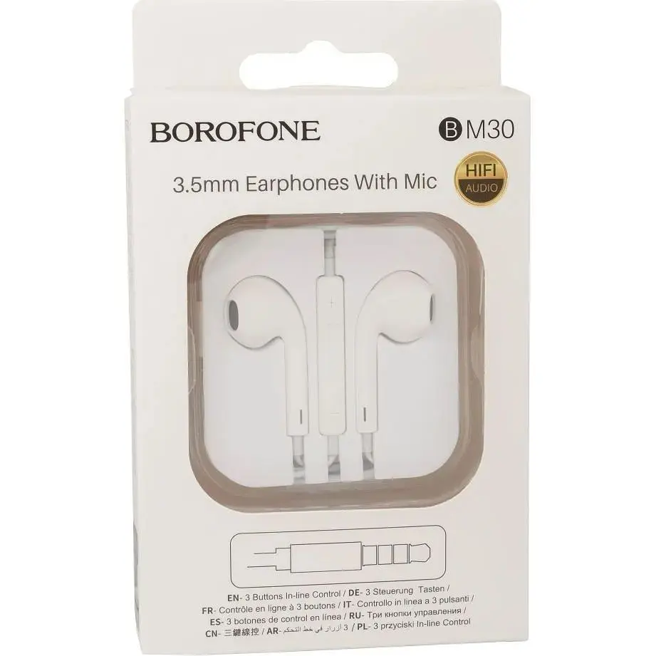 Дротові навушники Borofone 3.5 mm BM30 вакуумні з мікрофоном 1.2 m White - фото 2