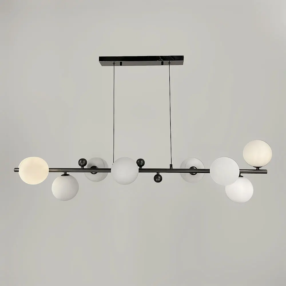 Удлиненная люстра с 9 белыми плафонами длиной 115 см | Ст. MJ 295L/9L BK+WT | Line F - фото 3